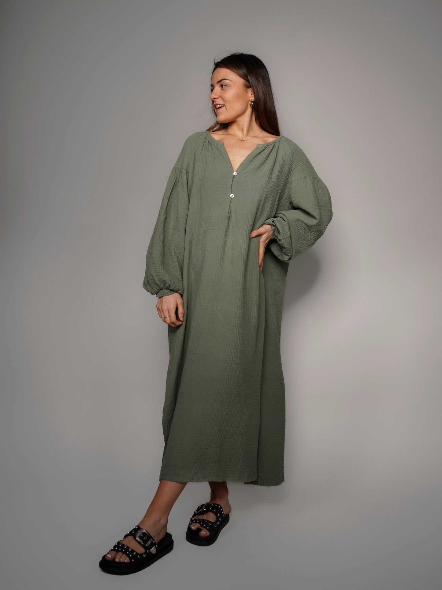 Robe kaki en gaze de coton - 1464