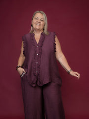 Blouse sans manches effet gaze de coton lie de vin