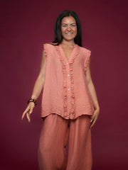 Blouse sans manches effet gaze de coton ocre
