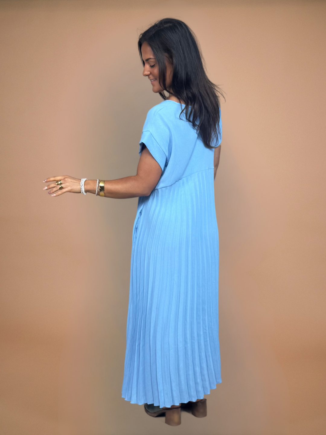 Robe plissée manches courtes bleu clair - 1731