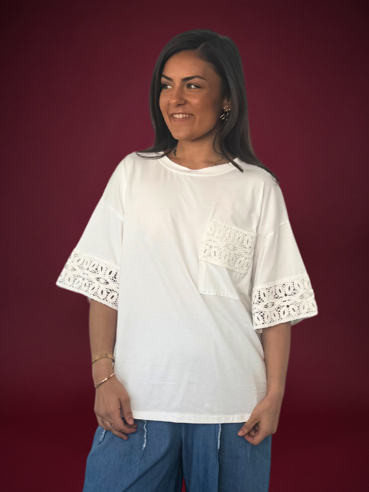 T-shirt blanc à détail crochet - 1548