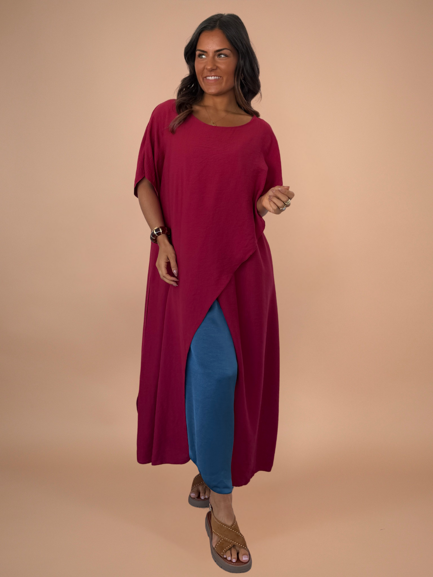 T-shirt long asymétrique bordeaux