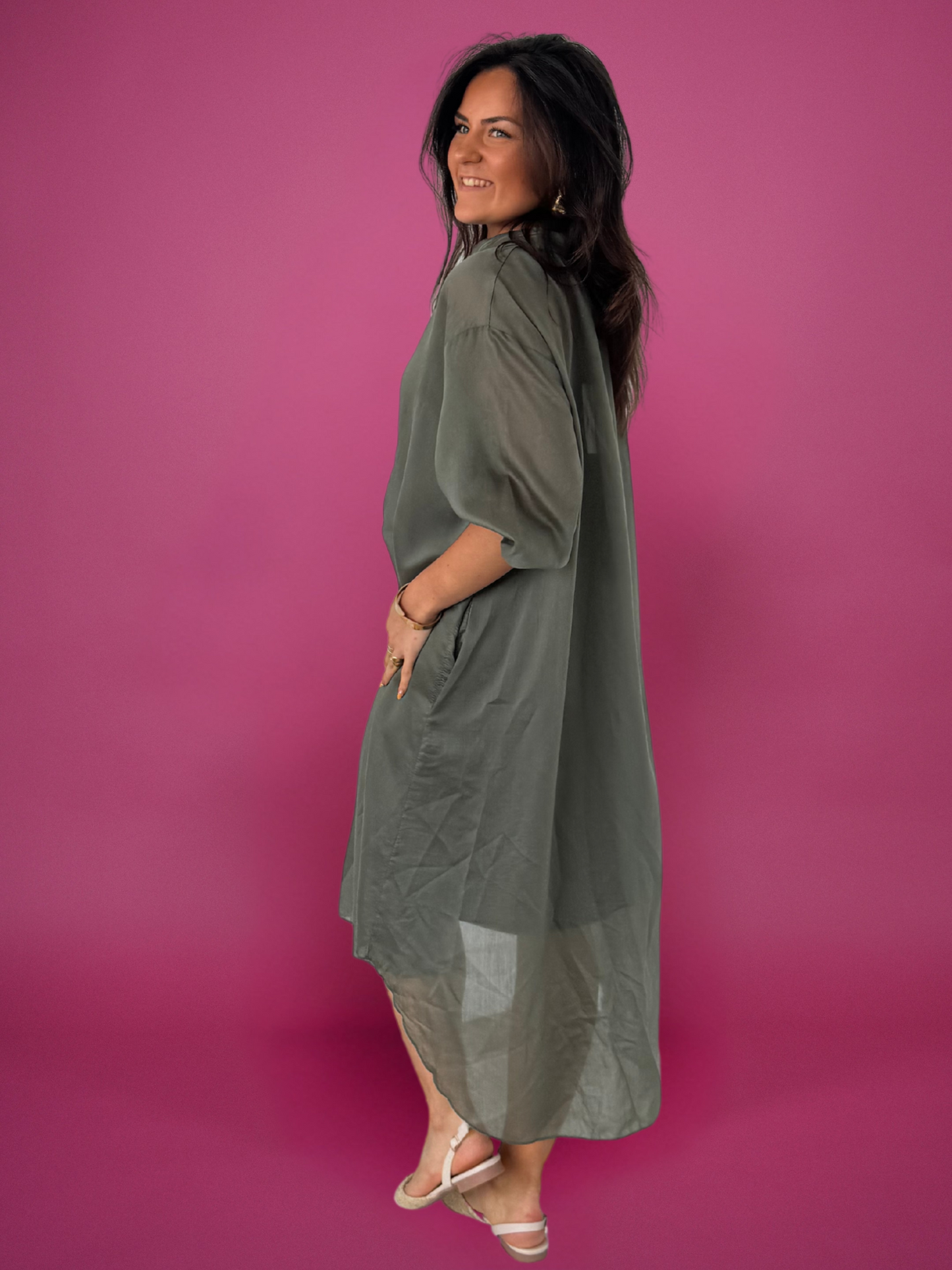 Robe fluide kaki à col tunisien - 1670