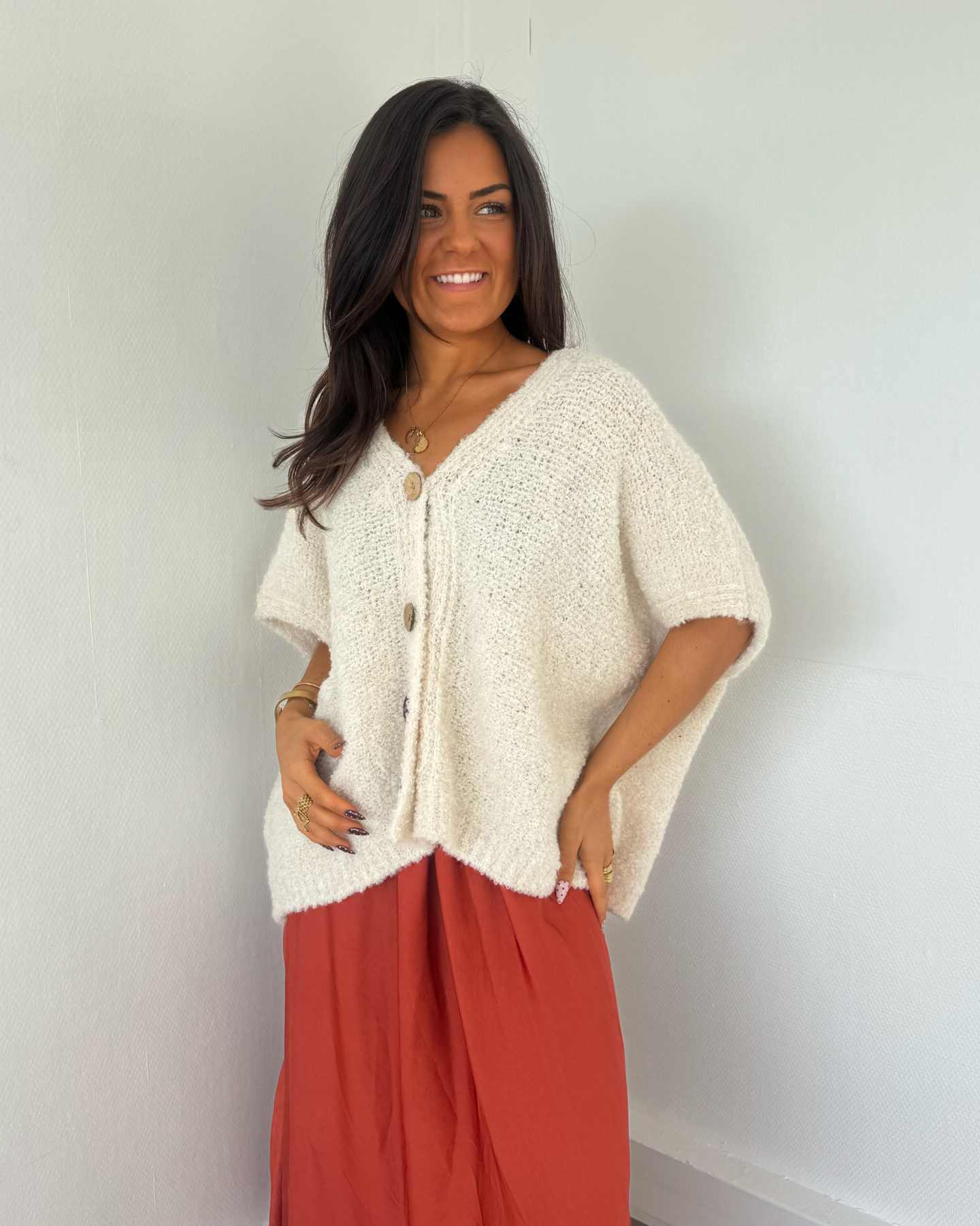 Cardigan loose manches courtes beige