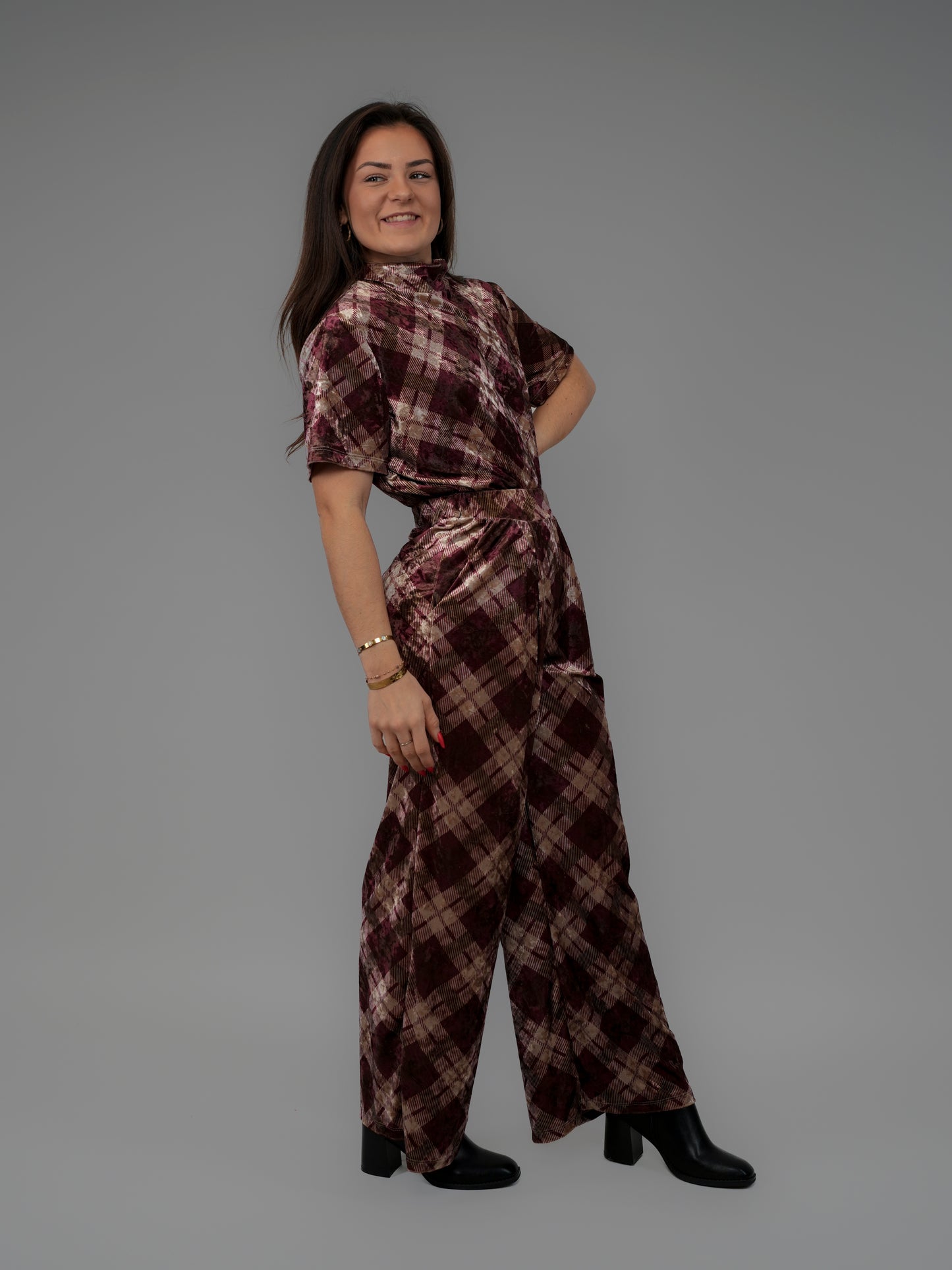 Pantalon velours tartan bordeaux - 1314