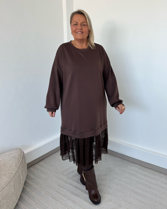Robe-sweat à dentelle chocolat