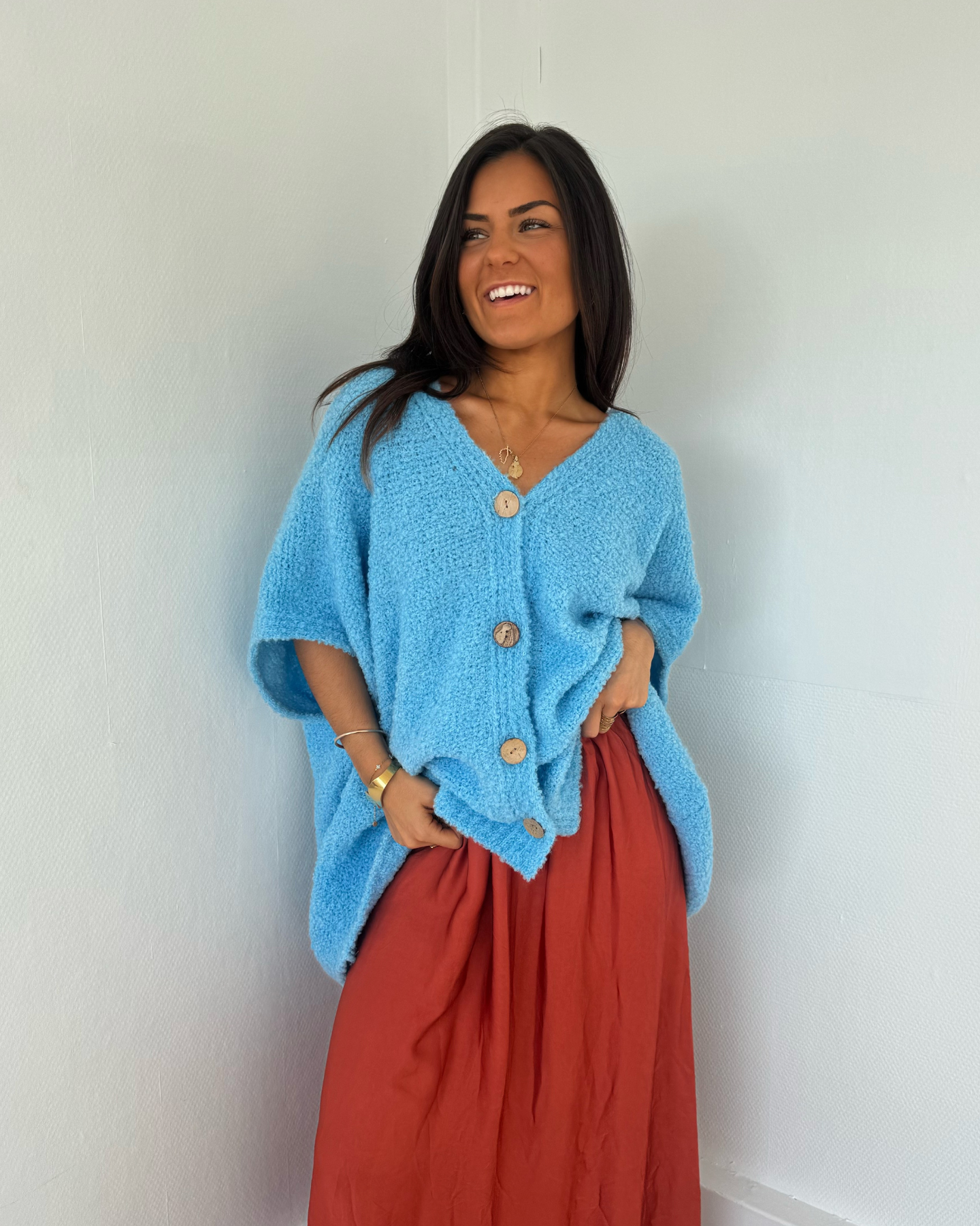 Cardigan loose manches courtes bleu ciel