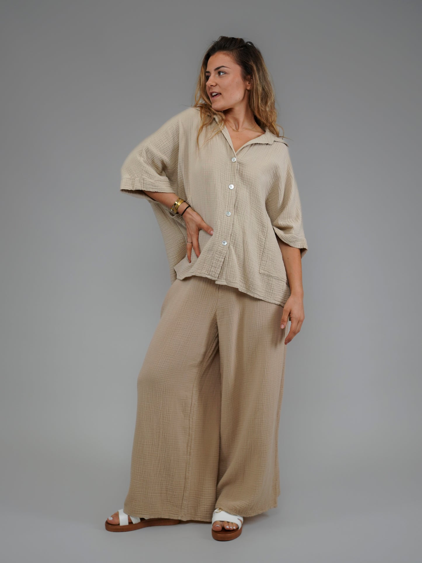 Pantalon camel en gaze de coton - 1071