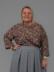Pull manches 3/4 fleuri beige