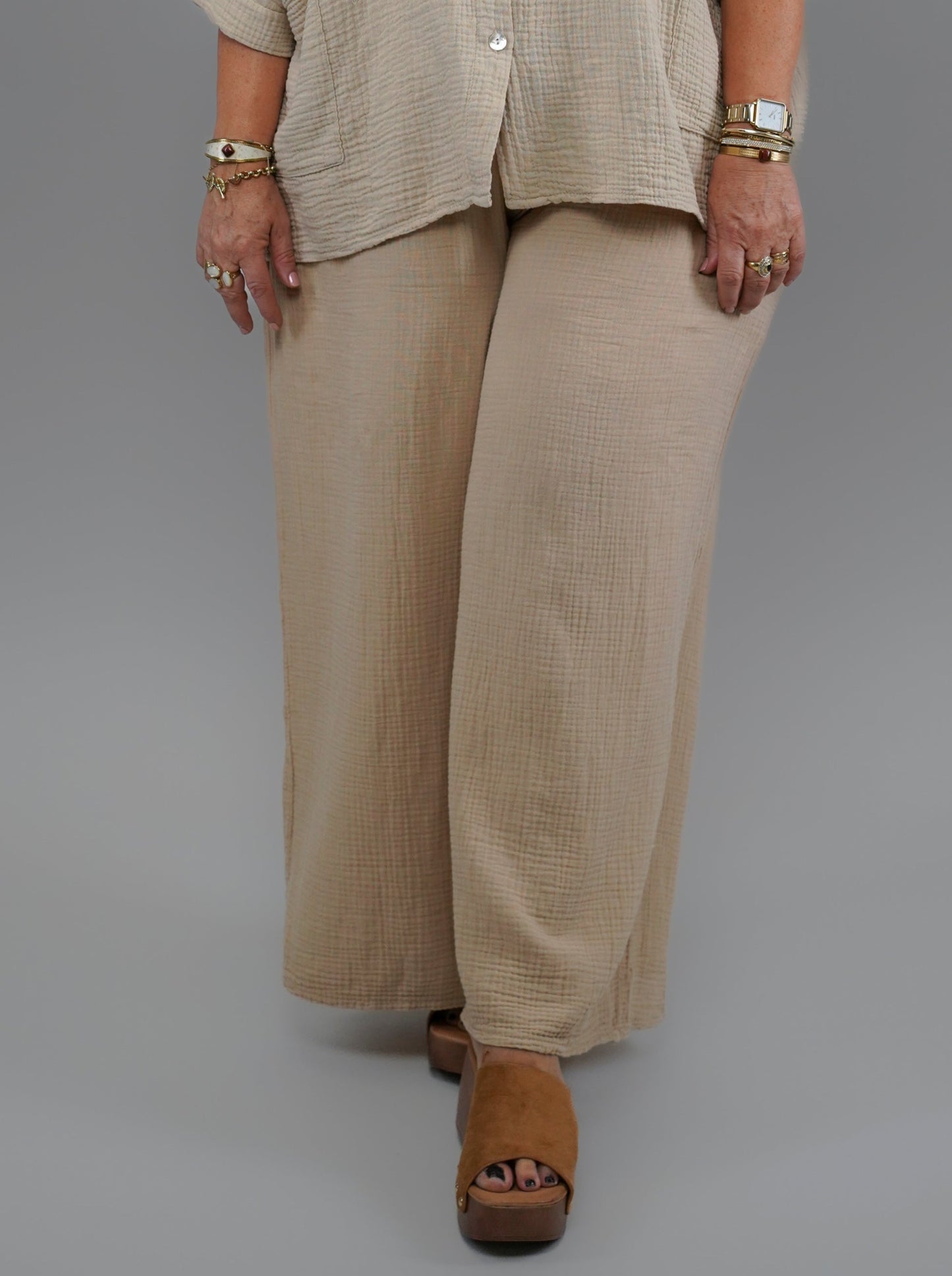 Pantalon camel en gaze de coton - 1071