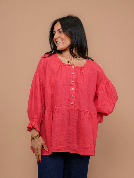 Blouse en lin à volants framboise - 1645