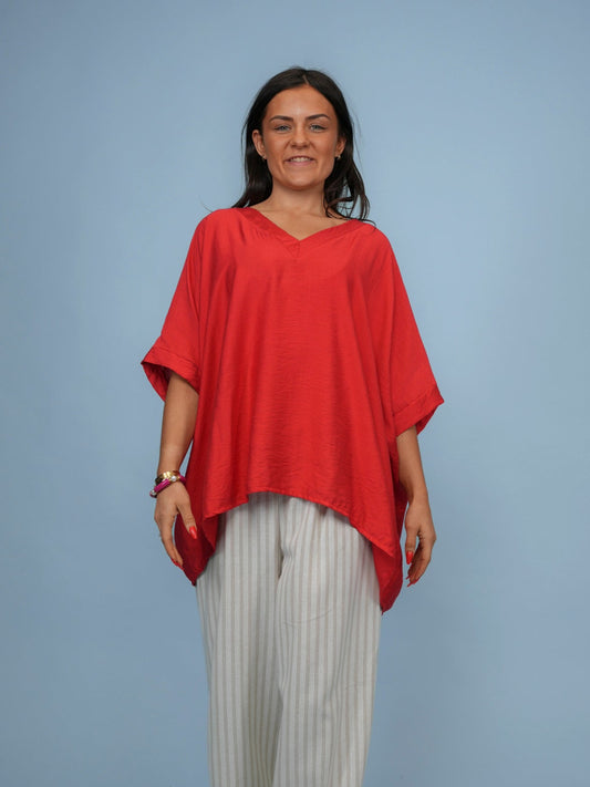 Blouse fluide rouge col V - 1648