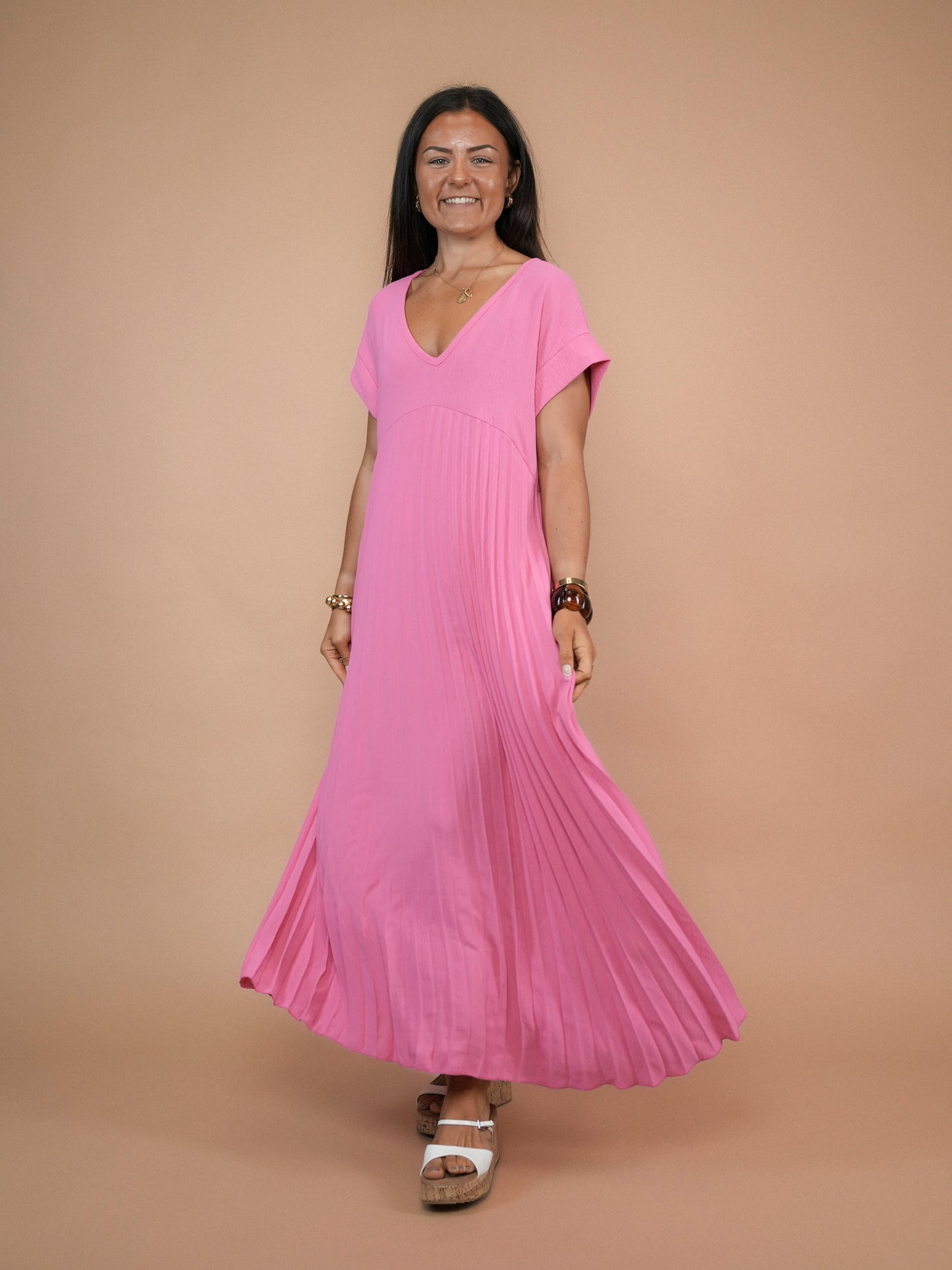 Robe plissée manches courtes fuchsia