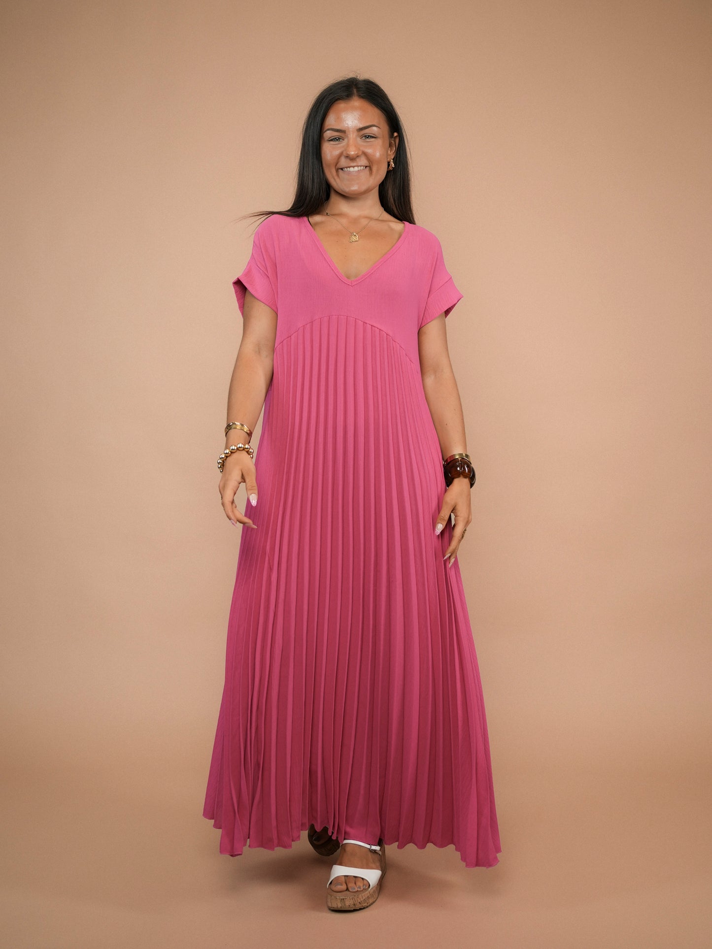 Robe plissée manches courtes framboise