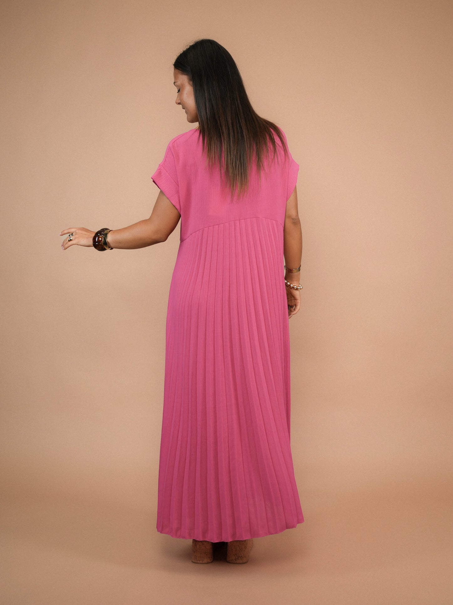 Robe plissée manches courtes framboise