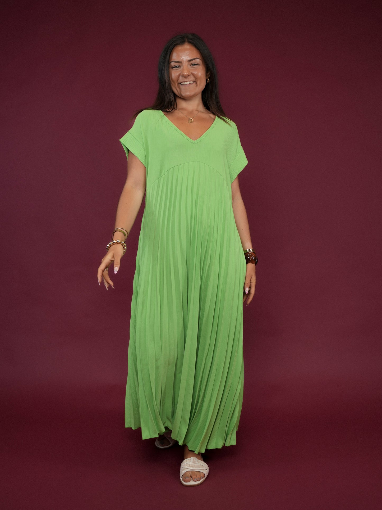 Robe plissée manches courtes vert pomme