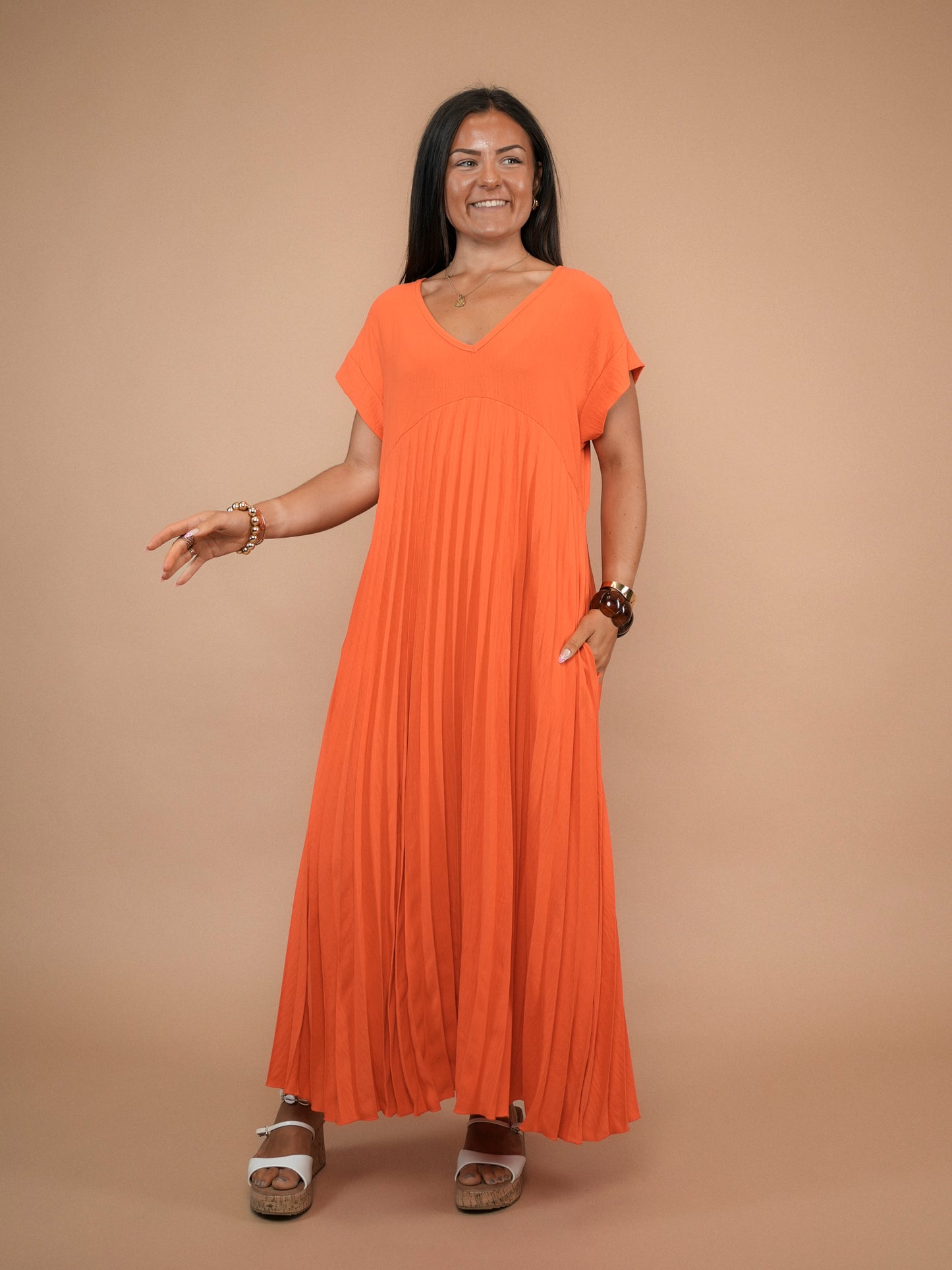 Robe plissée manches courtes orange
