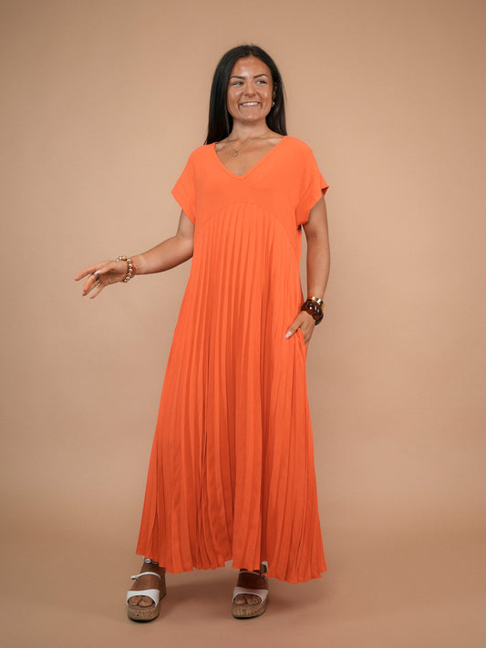 Robe plissée manches courtes orange