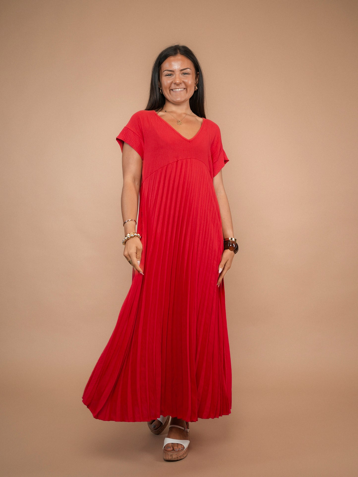 Robe plissée manches courtes rouge