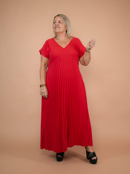 Robe plissée manches courtes rouge