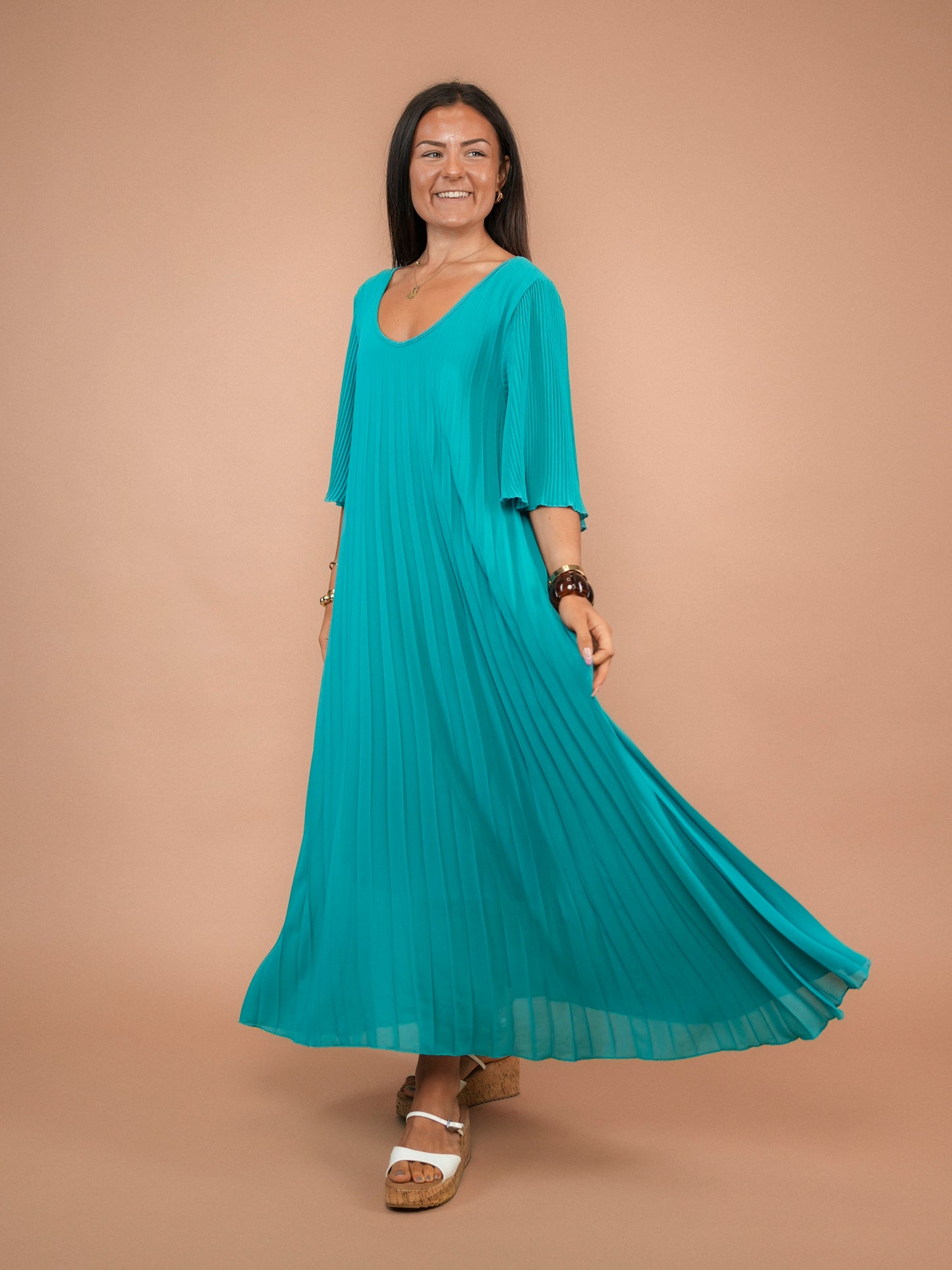 Robe plissée demi-manches bleu lagon