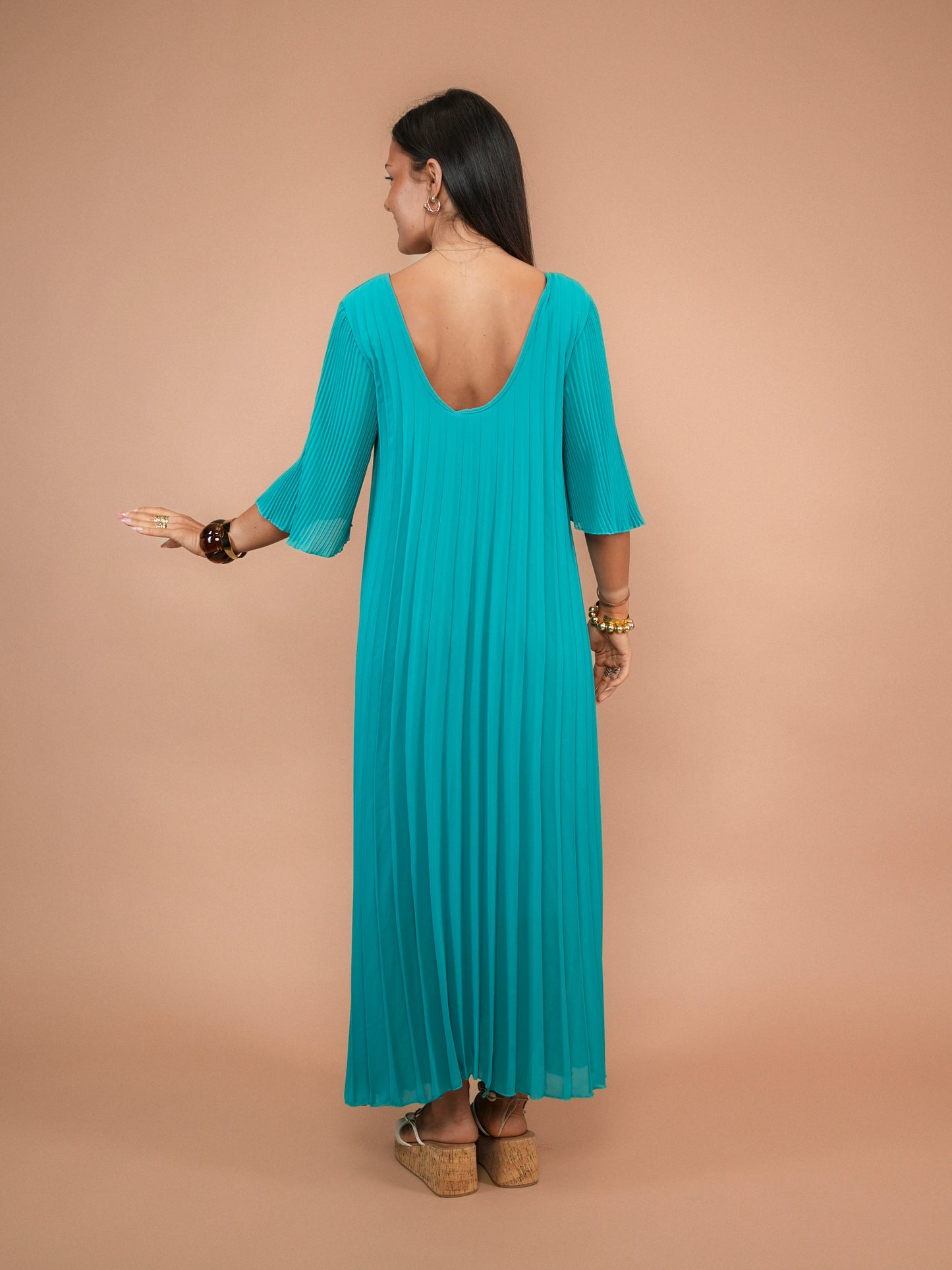 Robe plissée demi-manches bleu lagon