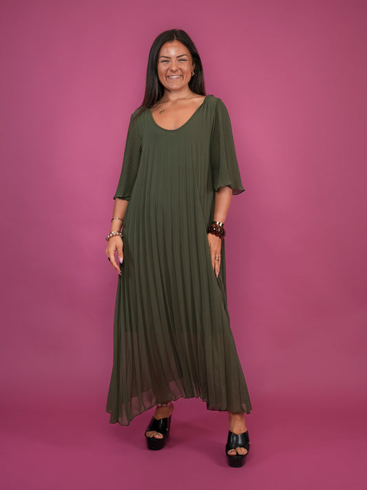 Robe plissée demi-manches kaki