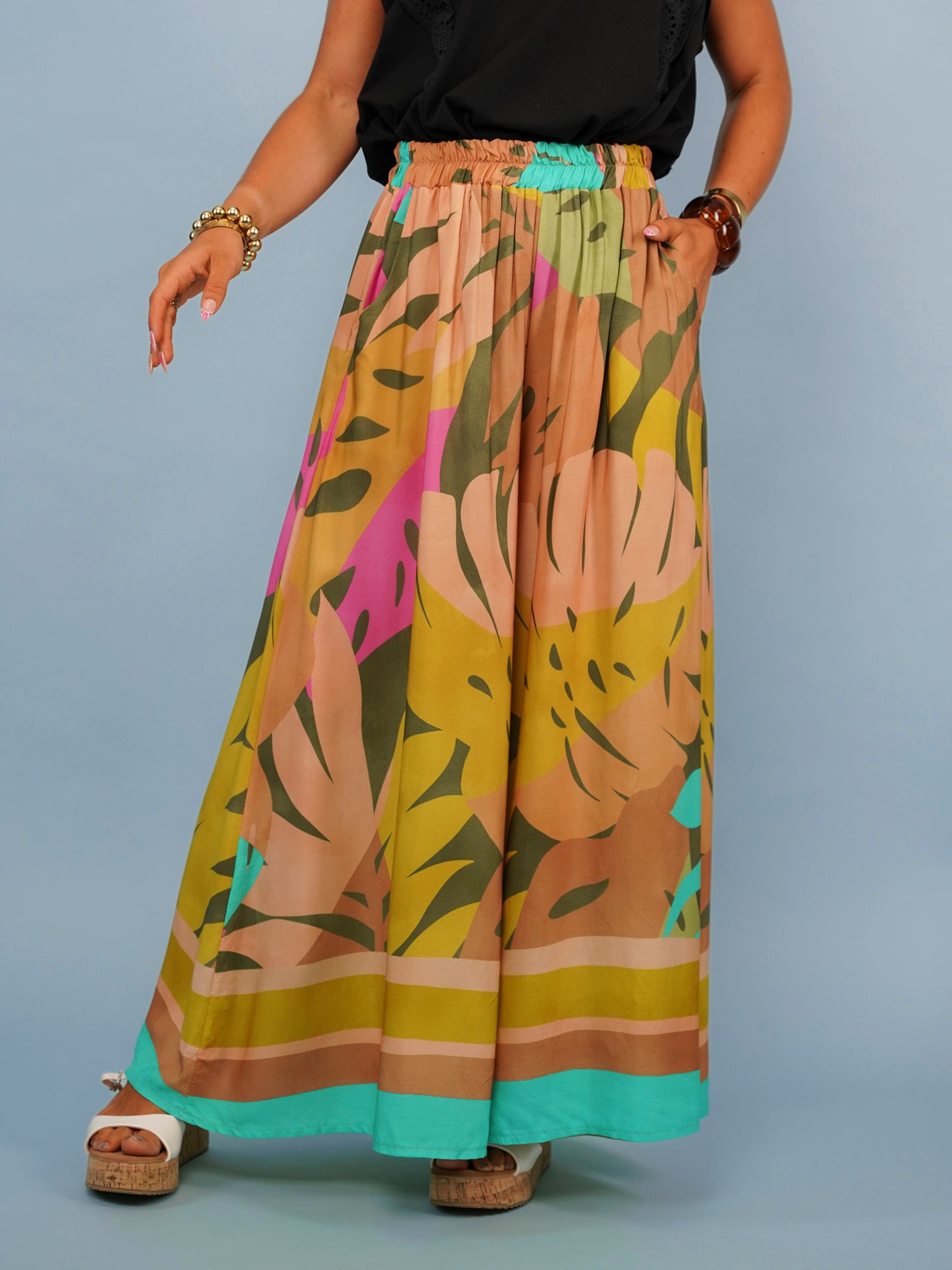 Pantalon palazzo imprimé colorblock
