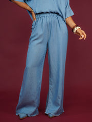Pantalon droit effet denim à taille élastique