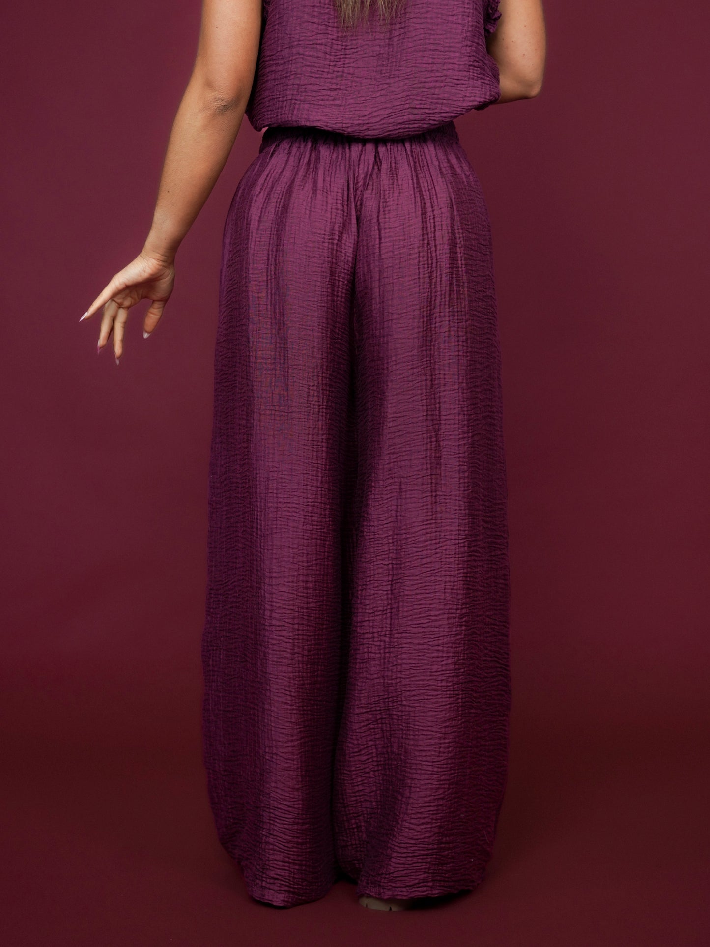 Pantalon effet gaze de coton lie de vin