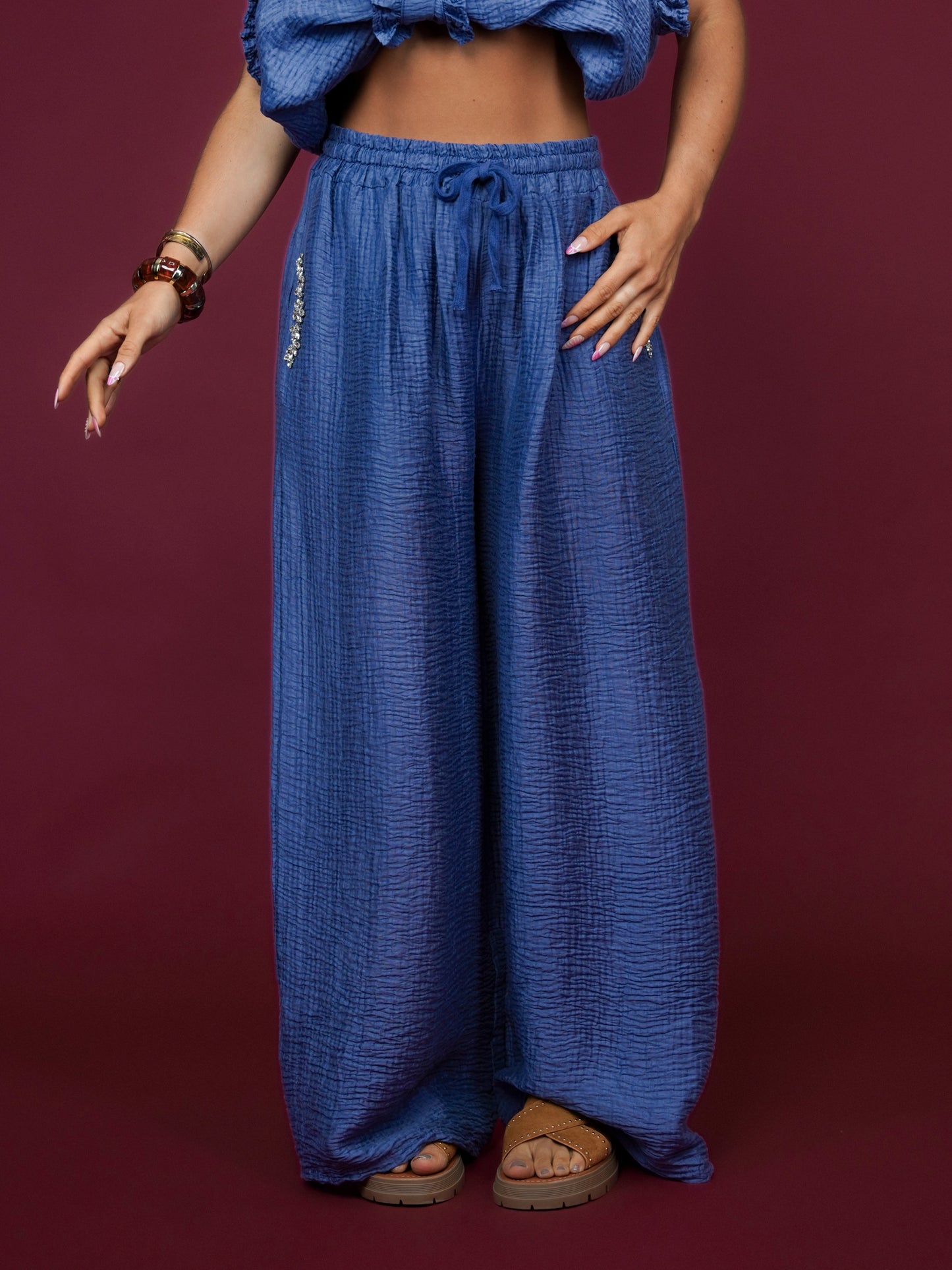 Pantalon effet gaze de coton bleu