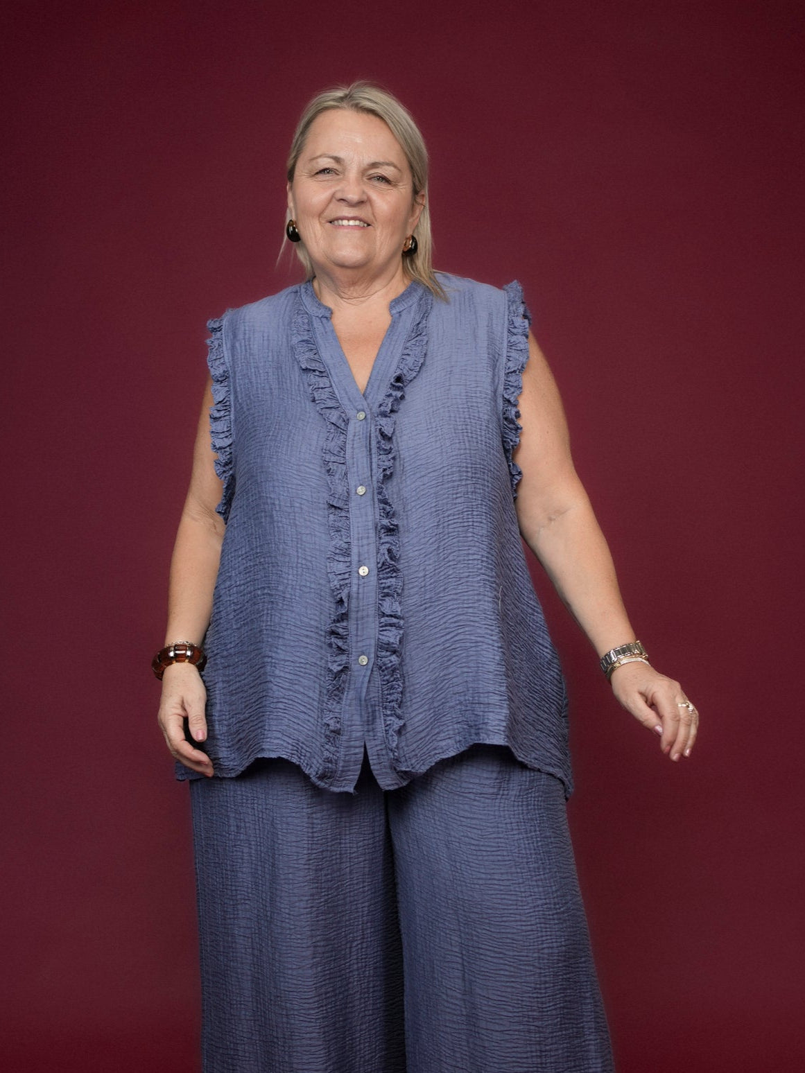 Blouse sans manches effet gaze de coton bleue
