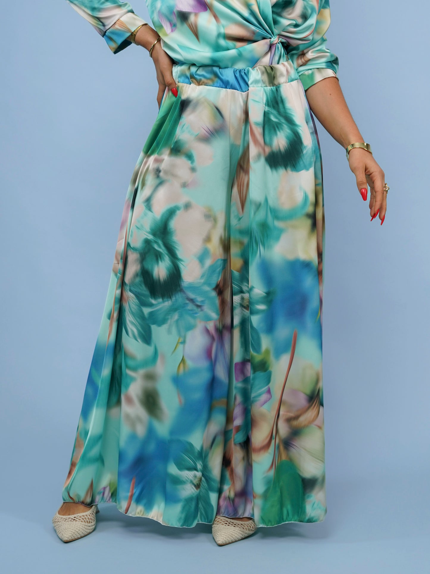 Pantalon palazzo imprimé floral aquarelle