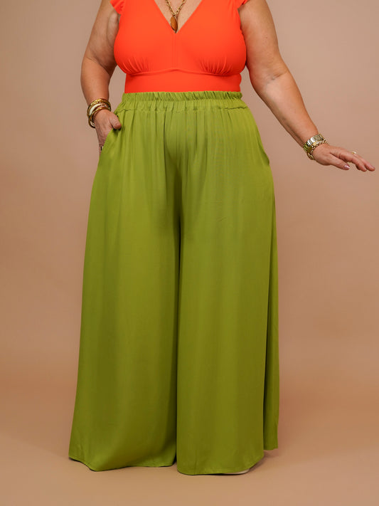 Pantalon palazzo uni vert anis - 1689