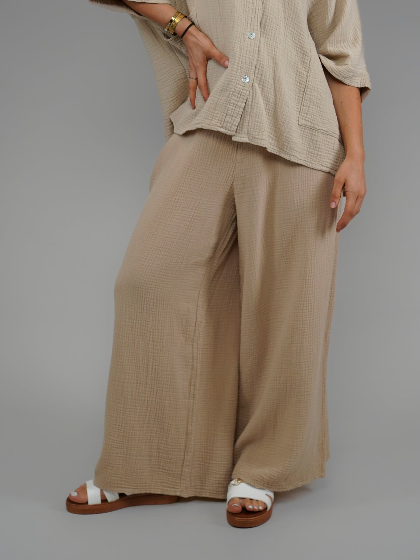 Pantalon camel en gaze de coton - 1071