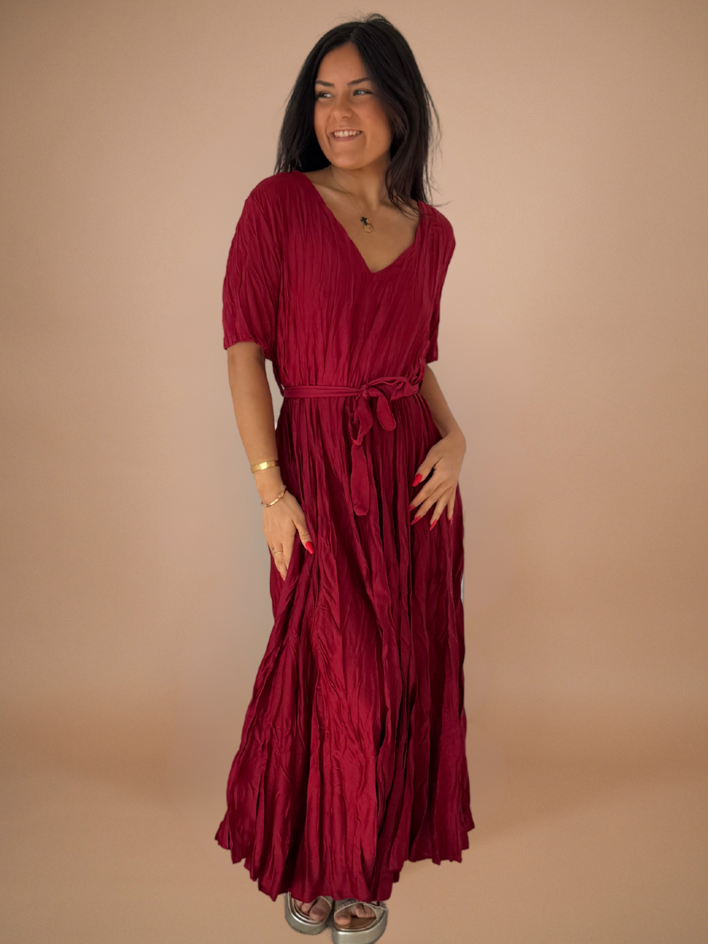 Robe rouge effet froissé - 1215