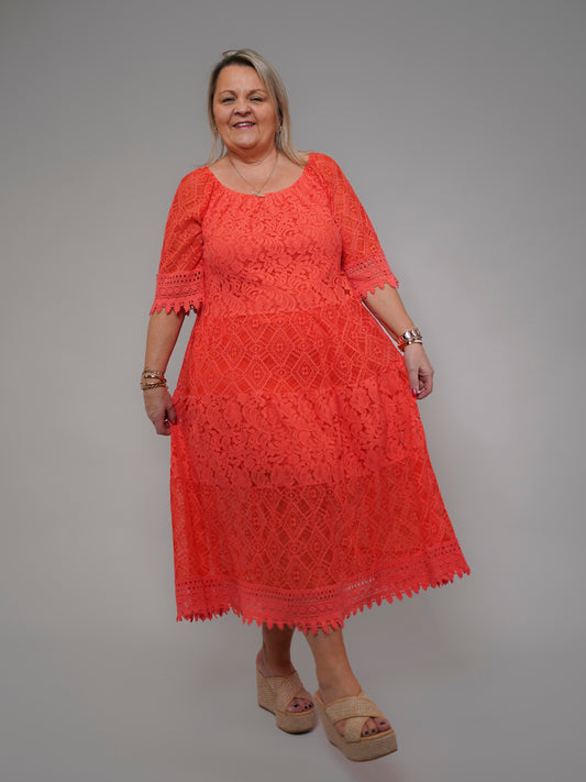 Robe dentelle corail col bateau - 1964