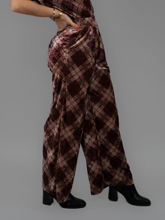 Pantalon velours tartan bordeaux - 1314