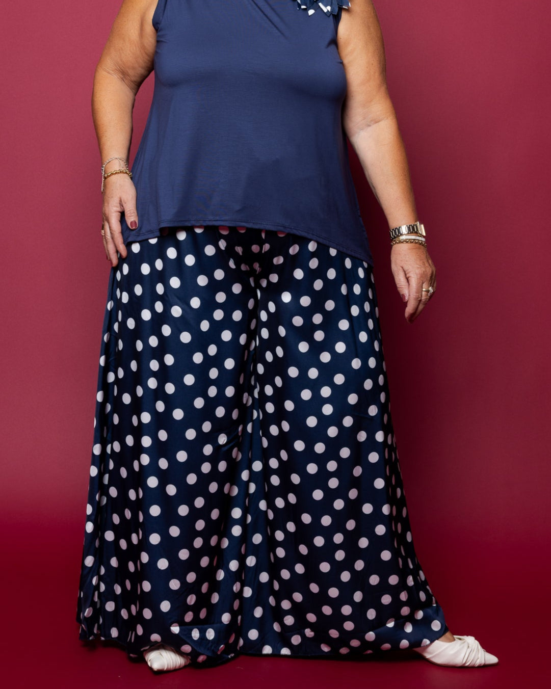 Pantalon palazzo marine à pois