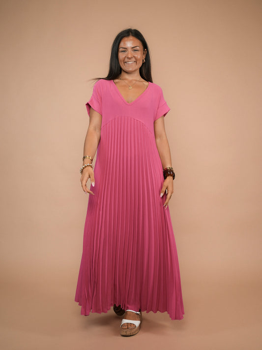 Robe plissée manches courtes magenta